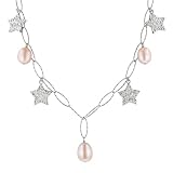 Sterling Silver Mauve Freshwater Cultured Pearl 4-Star Oval Link Chain Necklace, 18