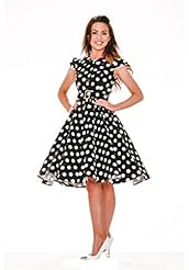 Cotton/Elastane Cap Sleeves Vintage Belted Fitted Flared-Skirt Polka Dot Print  Dress