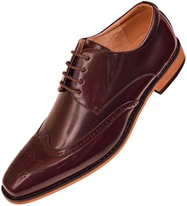 Amali Mens Burgundy High Gloss Smooth Wingtip Oxford Dress Shoe with Wood Colored Sole: Style Tom-175