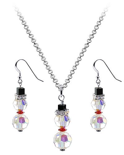 Childrens Toyshop  Jewelry : Clear AB Swarovski Crystal Snowman Earring Pendant Sterling Silver 1 MM Rolo Chain 16" 18" 20" 22" 24" 30" Necklace Jewelry Set