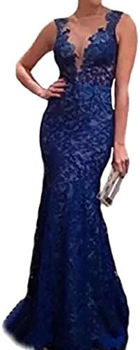 Women Sexy Blue Lace Backless Gown Evening Formal Party Cocktail Prom Dress (M)