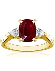 18K Yellow Gold Cushion Cut Ruby Three Stone Ring