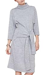 Turtleneck Acrylic Belted 3/4 Sleeves Sweater  Dress