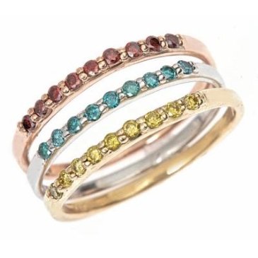 14K Tri-Color Cherry Red, Blue, Yellow Diamond Stackable Rings Set (0.38 Cttw, SI Clarity)