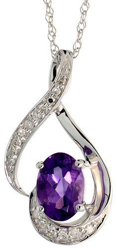 14k White Gold 18 in. Chain & 3/4 in. (20mm) tall Swirl Pendant, w/ 0.07 Carat Brilliant Cut Diamonds & 0.85 Carat Oval Cut 7x5mm Amethyst Stone