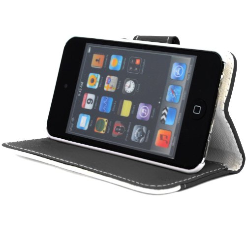 APPLE IPOD TOUCH 4 4TH GEN BLACK AND WHITE MAGNETIC BOOK FLIP PU LEATHER CASE COVER POUCH + SCREEN PROTECTOR +STYLUS