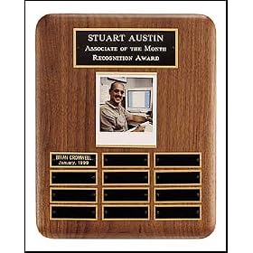 Personalized Solid American walnut Airflyte perpetual plaque with 12 plates and photograph...