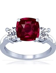 18K White Gold Cushion Cut Ruby Three Stone Ring