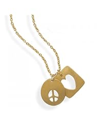 MMA Silver - 16 inch+2 inch 14 Karat Gold Plated Necklace with Heart and Peace Sign Tag