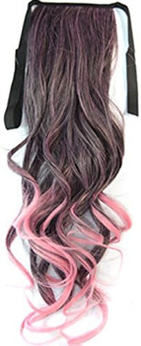 Best Selling ! 11 Colors Curly Wavy Japan High Temperature Heat Resistant Synthetic Ponytail Extension Woman's 45cm 18inch Good Quality Human Made Hair Multi-color Ponytail (black-pink)