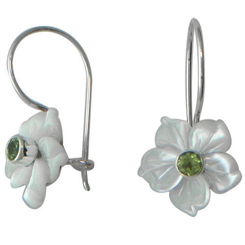 Sterling Silver Mother-of-Pearl Flower Latchback Earrings w/ Peridot Accent by Sajen