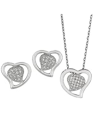 BRI Jewelry Sterling Silver Heart Shape With Small Heart Of Clear Cubic Zirconia Set - Pendant - Earring