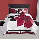 8 Piece Oversized Blossom Comfort Set, White / Red / Black Queen Size