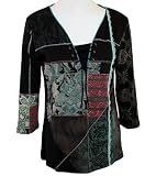 Vanilla Sugar - Skinny Minnie Delilah 3/4 Sleeve, V-Neck Collar, String Tie, Geometric Floral Patterned, Fashion Top, 100% Cotton - Black