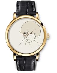SPRAWL Aanalog Fashion Series Gold Ladies Watches of Genuine Black Leather Strap,Unique Wrist Watch for Women Girls Designed with Sad girl face