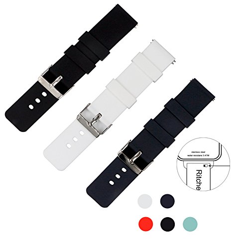 Ritche 3pc 22mm Quick Release Watch Bands Soft replacement Watch strap (Black/Grey/White)