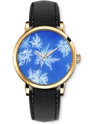 SPRAWL Aanalog Fashion Series Gold Ladies Watches of Genuine Black Leather Strap,Unique Wrist Watch for Women Girls Designed with White twigs on blue background