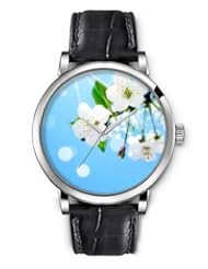 SPRAWL Aanalog Fashion Series Silver Ladies Watches of Genuine Black Leather Strap,Unique Wrist Watch for Women Girls Designed with White flowers and bud