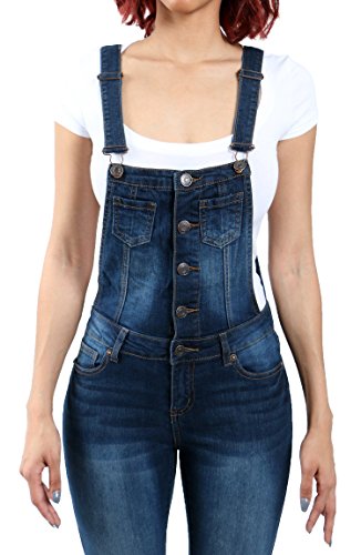 Womens Premium Button Up Adjustable Denim Skinny Jean Overall with Pocket SMALL DK DENIM-90009