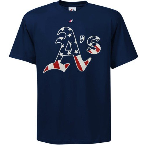 Majestic Oakland Athletics Navy Blue Stars & Stripes Logo T-shirt (Large)