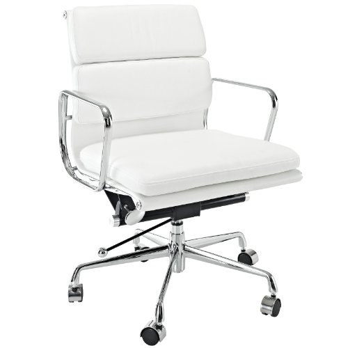 LexMod Discovery Mid Back Leather Conference Office Chair in White Genuine Leather On Sale