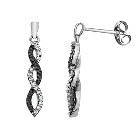 Infinity Dangling Drop White and Black Diamond Earrings in 1/7 Carat (ctw) in 10K White Gold