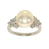 10mm Imitation Pearl Silvertone Cocktail Ring with Triangle Sides Set with Tiny Cubic Zirconia Stones