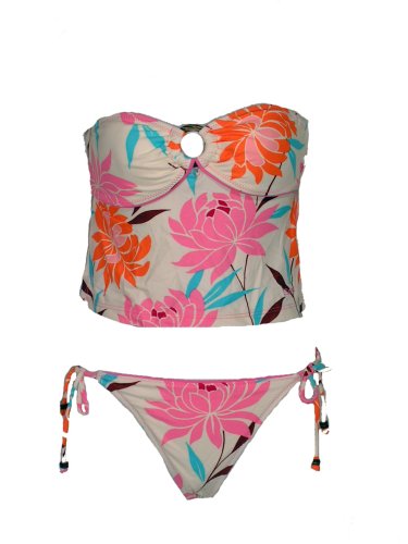 Split Bubblegum Floral 2 Pc Bikini W/padded Apron Tankini Top & Tie Side Bottom (Medium)