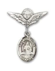 Sterling Silver Baby Badge with St. Walburga Charm and Angel with Wings Badge Pin