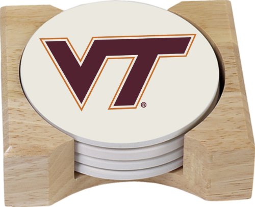 NCAA Virginia Tech Hokies Absorbent Coaster Four Pack Gift Set with Butcher Block Holder -Alternate Logo