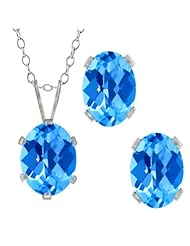 3.50 Ct Checkerboard Swiss Blue Topaz Sterling Silver Pendant Earrings Set