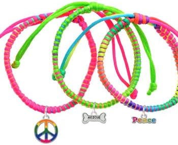 Mini ''Rescue'' Silver Dog Bone Two Sided Neon Peace Macrame Friendship Bracelets (Set of 3)