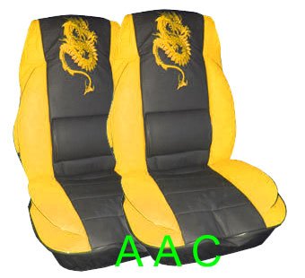 A Set of 2 Front Bucket Dragon Cushion Seat Covers with Lumbar Support - Yellow