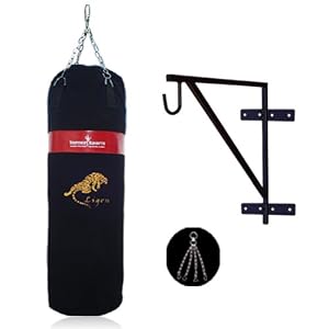 Kickboxing Canvas Punch Bag Filled With Free Chrome Plated Chain And Punchbag Wall Bracket Heavy Duty Metal With Complete Fitting Martial Arts Black With Red Stripe 3 Feet