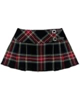 Womens Black/Red Plaid 13" Wraparound Leather Straps Mini Kilt Skirt - Free Pin