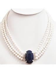 Designer 3 Rows Natural Graceful Fresh Water Pearl Beaded Necklace with 925 Sterling Silver Oval Sapphire Clasp