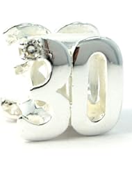 .925 Sterling Silver " 2 Sided 30th Birthday w/Clear CZ " Charm Bead Compatible with Pandora Chamilia Kay Troll Bracelet