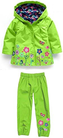 FOTTON Girl's Cute Flowers Rain Coat Pants Jacket Sets (2T, green)