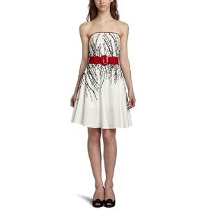 Teeze Me Junior's Strapless Print With Red Belt Dress