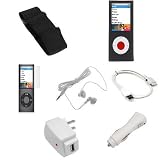 USB Data Cable + USB Car Charger + USB Home Charger + Black Rubber Silicone Skin Case + Elastic Armband + Clear Reusable LCD Screen Protector + White 3.5mm Stereo Headset for Apple Ipod Nano Chromatic 8gb 16gb 4g 4th Generation