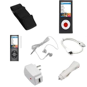 USB Data Cable + USB Car Charger + USB Home Charger + Black Rubber Silicone Skin Case + Elastic Armband + Clear Reusable LCD Screen Protector + White 3.5mm Stereo Headset for Apple Ipod Nano Chromatic 8gb 16gb 4g 4th Generation
