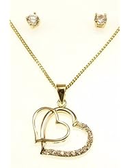 Kala-isjewels - Ladies 18ct Gold Plated CZ "" Double Hearts ""Pendant ( 1"" ) , Earrings and Chain (17,71"" )