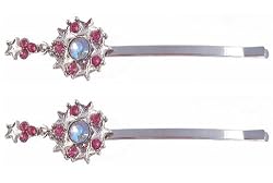 Hair Clip - H78 - Bobby Pin Style - Circle and Stars ~ 2-1/2" Long - Bright Silver Metal - Rose (Pink) and Iridescent Crystals - 2 Pc Set