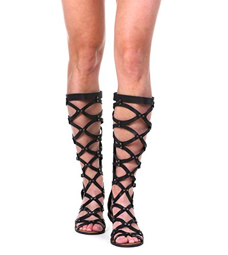 Yoki Women's Anya-97 Flat Pu Tall Gladiator or with Stud (8.5, Black)