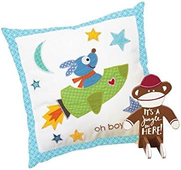 Boy's Nursery Decorative Gift Set - Oh Boy! Cotton Pillow with Rocket Dog and Sock Monkey Sitter - It's A Jungle In Here!