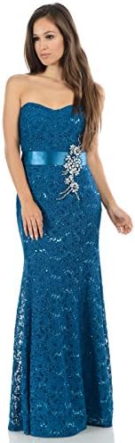 TwinMod Lace and Satin Strapless Mermaid Prom Formal Bridesmaid Dress (MEDIUM, TEAL)