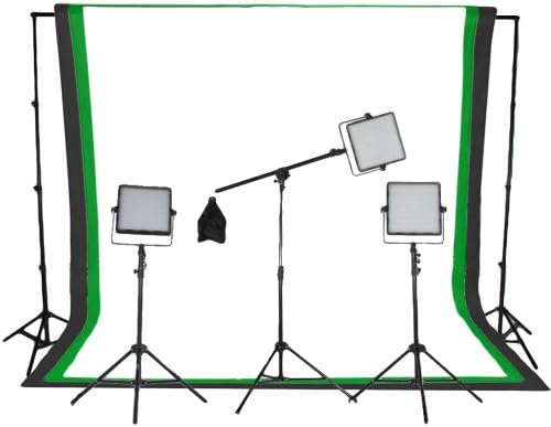 StudioPRO Triple 600 LED Lighting Panel with Boom Arm, Daylight, Photo Studio Video Lighting Kit with 6ftx9ft Black, White, and Green Muslin Backdrops with Background Support