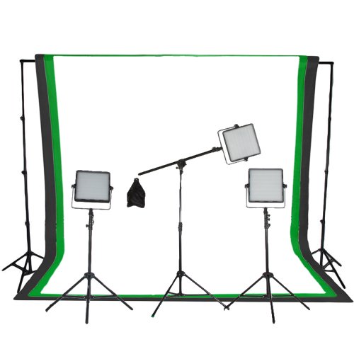 StudioPRO Triple 600 LED Lighting Panel with Boom Arm, Daylight, Photo Studio Video Lighting Kit with 6ftx9ft Black, White, and Green Muslin Backdrops with Background Support