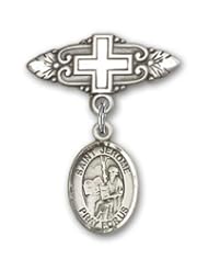 Sterling Silver Baby Badge with St. Jerome Charm and Badge Pin with Cross