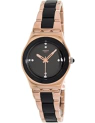 Swatch YLG123G rose pearl black dial two-tone metal bracelet women watch NEW